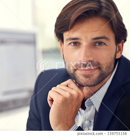 Portrait, confidence and businessman at tech startup with office, smile and small business online. Professional, design and entrepreneur at desk with pride, consultant or advisor and commitment. Portrait, confidence and businessman at tech startup with office, smile and small business online. Professional, design and entrepreneur at desk with pride, consultant or advisor and commitment. 139755156