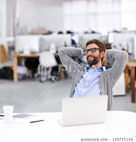 Laptop, thinking and relax with business man at desk in office for art, creative or design productivity. Computer, smile or future and happy young designer in workplace with hands behind head Laptop, thinking and relax with business man at desk in office for art, creative or design productivity. Computer, smile or future and happy young designer in workplace with hands behind head 139755158