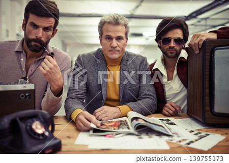 Group, men and meeting for fashion magazine company with retro planning in office. Vintage, style and colleagues planning journalist design and media production with publishing agency teamwork Group, men and meeting for fashion magazine company with retro planning in office. Vintage, style and colleagues planning journalist design and media production with publishing agency teamwork 139755173