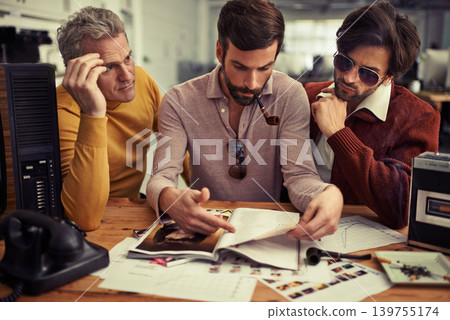 Magazine, business team and men meeting for media production company and brainstorming in agency. Creative, publishing and vintage or retro colleagues planning trendy journalist print design 139755174