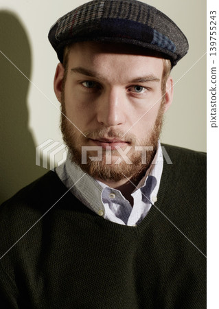 Fashion, serious and portrait of man with style, trendy clothes and cool outfit on wall background. Aesthetic, model and face of attractive person with pride, confidence and handsome in studio Fashion, serious and portrait of man with style, trendy clothes and cool outfit on wall background. Aesthetic, model and face of attractive person with pride, confidence and handsome in studio 139755243
