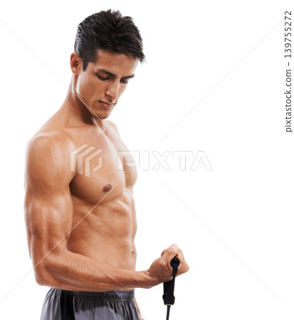 Man, fitness and bicep with resistance band in workout or training on a white studio background. Active male person or muscular model curling arm for strength, muscle or body exercise on mockup space Man, fitness and bicep with resistance band in workout or training on a white studio background. Active male person or muscular model curling arm for strength, muscle or body exercise on mockup space 139755272