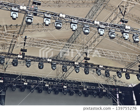 Professional stage lighting rig with moving head spotlights Professional stage lighting rig with moving head spotlights 139755276