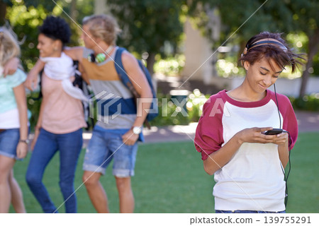 Woman, headphones and smartphone on campus, typing and break with education app at college. Student, smile and cellphone by social media on internet, technology and university outdoor for connection Woman, headphones and smartphone on campus, typing and break with education app at college. Student, smile and cellphone by social media on internet, technology and university outdoor for connection 139755291