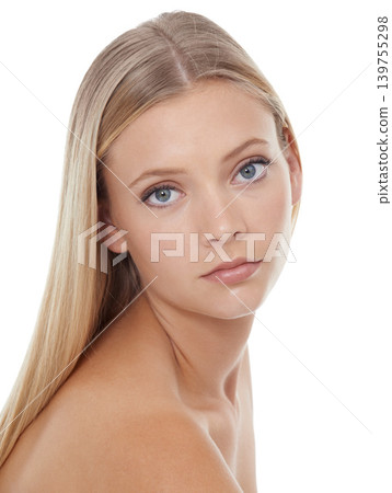 Woman, portrait and beauty with hair care in studio for cosmetics, keratin treatment and shampoo shine. Model, person and confidence with skincare, collagen texture and hairstyle on white background Woman, portrait and beauty with hair care in studio for cosmetics, keratin treatment and shampoo shine. Model, person and confidence with skincare, collagen texture and hairstyle on white background 139755298