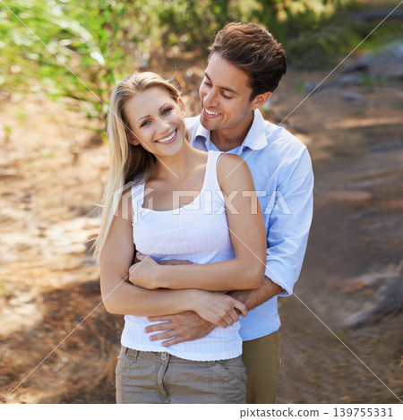 Nature portrait, love and happy couple hug for support, romantic care and relationship security with marriage partner. Embrace, wellness and relax outdoor man, woman or people smile for forest date Nature portrait, love and happy couple hug for support, romantic care and relationship security with marriage partner. Embrace, wellness and relax outdoor man, woman or people smile for forest date 139755331