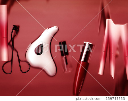 Beauty products and gua sha tool on deep red background. Luxury makeup accessories including eyelash curler and lipstick with cinematic shadows. Modern aesthetic for skin care and cosmetics branding. Beauty products and gua sha tool on deep red background. Luxury makeup accessories including eyelash curler and lipstick with cinematic shadows. Modern aesthetic for skin care and cosmetics branding. 139755333