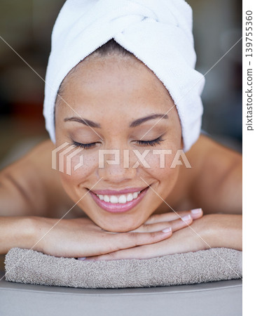 Spa, woman and relax on massage bed with smile for wellness, zen and beauty treatment for body care. Person, sleeping and physical therapy at resort, salon table and luxury on holiday or vacation Spa, woman and relax on massage bed with smile for wellness, zen and beauty treatment for body care. Person, sleeping and physical therapy at resort, salon table and luxury on holiday or vacation 139755360