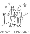A single-stroke style illustration of a senior couple taking a walk at night. 139755822