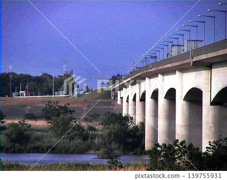 View of Shinjo-Ohashi Bridge from the right bank of the Tone River (May 21, 2013). Ojima Parking is located upstream of the bridge. 139755931