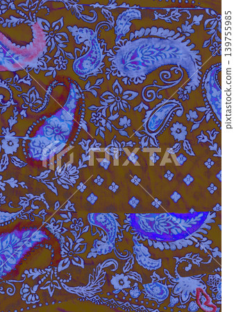 Vibrant ethno-futuristic paisley pattern with neon blue and purple floral ornaments on textured brown background. Trendy psychedelic aesthetic, bohemian textile design for modern fashion and decor. Vibrant ethno-futuristic paisley pattern with neon blue and purple floral ornaments on textured brown background. Trendy psychedelic aesthetic, bohemian textile design for modern fashion and decor. 139755985