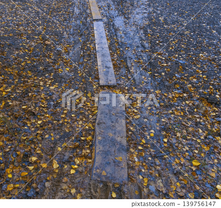 Old street ambiance. Rustic alley with damp stones and scattered fallen leaves creates timeless charm Old street ambiance. Rustic alley with damp stones and scattered fallen leaves creates timeless charm 139756147