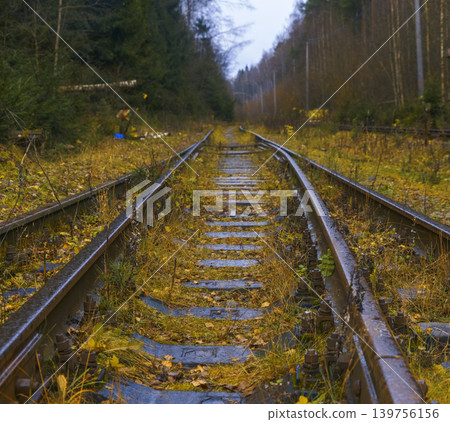 Abandoned railway scene. Old tracks amid overgrown nature. Decayed rails run through lush forest surroundings Abandoned railway scene. Old tracks amid overgrown nature. Decayed rails run through lush forest surroundings 139756156