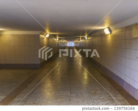 Abandoned walkway under glow. Silent underground passage illuminated by flickering lights and water 139756168
