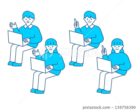 Full-body illustration of a young man and woman using a laptop computer. Full-body illustration of a young man and woman using a laptop computer. 139756390