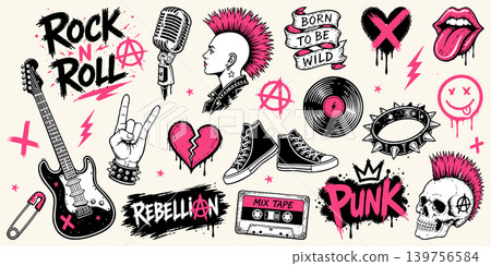 Punk rock collection of grunge vector isolated elements. Black and pink colors Punk rock collection of grunge vector isolated elements. Black and pink colors 139756584