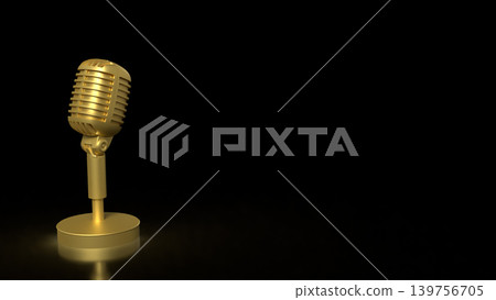 Golden Retro Microphone On Dark Stage 3d render. 139756705
