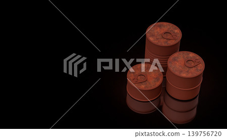 Rusty Oil Barrels In Dark Storage 3d render. Rusty Oil Barrels In Dark Storage 3d render. 139756720