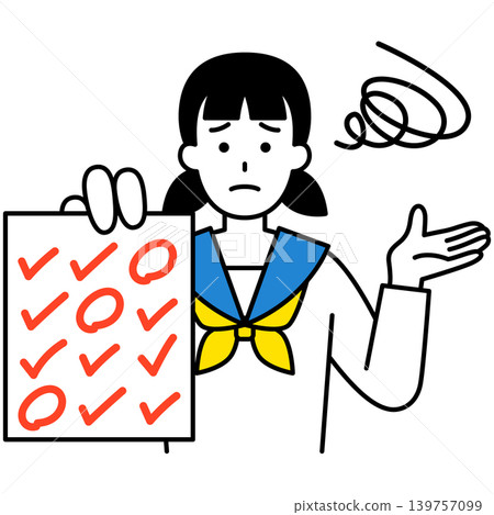 A female student is embarrassed to show her answer sheet full of mistakes. A female student is embarrassed to show her answer sheet full of mistakes. 139757099