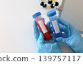 Gloved hands holding laboratory sample tubes with colored liquid for virus diagnostics, chemical analysis and biological research. Medical healthcare concept for chemistry scientific studies. 139757117