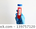 Gloved hand holding blood sample test tube labeled for hantavirus diagnostics. Medical concept for infectious disease detection, laboratory research and healthcare analysis. 139757120