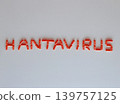 Hantavirus text concept created with red medical capsules on light background. Healthcare illustration for infectious disease awareness, virus research and medical education topics. 139757125