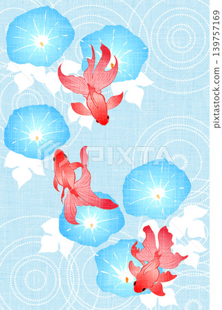 Summer greeting postcard, goldfish, morning glory, Japanese style, silhouette, cute, illustration Summer greeting postcard, goldfish, morning glory, Japanese style, silhouette, cute, illustration 139757169