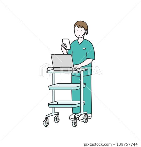 插圖描繪了一名護士一邊使用智慧型手機和對講機進行交流,一邊在電腦上打字的情景。 插圖描繪了一名護士一邊使用智慧型手機和對講機進行交流,一邊在電腦上打字的情景。 139757744