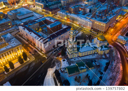 Aerial view of Lipetsk cityscape with Cathedral square n winter twilight Aerial view of Lipetsk cityscape with Cathedral square n winter twilight 139757802