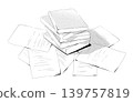 手繪插圖，描繪了堆疊的書籍和散落的文件；單色線條藝術。 139757819