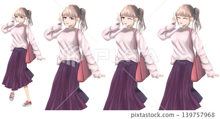 Full-body character illustration of a character with a side ponytail making a peace sign - Anime/manga style illustration set Full-body character illustration of a character with a side ponytail making a peace sign - Anime/manga style illustration set 139757968