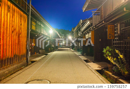 The old townscape of Hida Takayama, Gifu Prefecture, at night, a view of the south side of Sanmachi Street. The old townscape of Hida Takayama, Gifu Prefecture, at night, a view of the south side of Sanmachi Street. 139758257