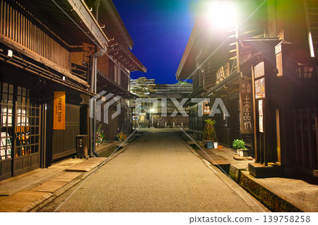 The old townscape of Hida Takayama, Gifu Prefecture, at night, a view of the south side of Sanmachi Street. The old townscape of Hida Takayama, Gifu Prefecture, at night, a view of the south side of Sanmachi Street. 139758258