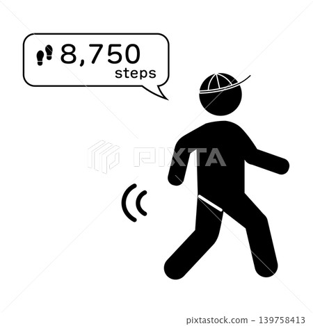 A monochrome illustration of a person walking while recording their steps. 139758413