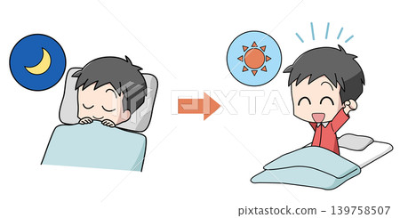 一幅男孩睡眠良好、容易醒來的插圖。 一幅男孩睡眠良好、容易醒來的插圖。 139758507