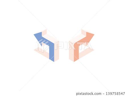 An isometric design (blue and pink) featuring two shaded, right-angled arrows pointing left and right, respectively. An isometric design (blue and pink) featuring two shaded, right-angled arrows pointing left and right, respectively. 139758547