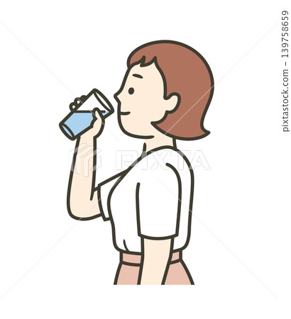 An illustration of the upper body of a young woman drinking water from a glass. An illustration of the upper body of a young woman drinking water from a glass. 139758659
