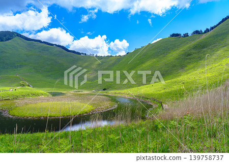 A circular body of water surrounded by fresh greenery; Okame Pond in Soni Highlands, still affected by water shortages; the slopes of Mt. Kameyama and the water's surface. A circular body of water surrounded by fresh greenery; Okame Pond in Soni Highlands, still affected by water shortages; the slopes of Mt. Kameyama and the water's surface. 139758737