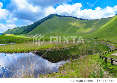 A circular body of water surrounded by fresh greenery; Okame Pond in Soni Highlands, still affected by water shortages; the body of water along the southern walking path. A circular body of water surrounded by fresh greenery; Okame Pond in Soni Highlands, still affected by water shortages; the body of water along the southern walking path. 139758738