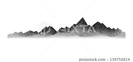 Grain stipple mountain ridge illustration. Black and white textured mount peaks. Dotted landscape terrain silhouette. Vector grunge mountain range background. Dot work style noisy grainy hill chain Grain stipple mountain ridge illustration. Black and white textured mount peaks. Dotted landscape terrain silhouette. Vector grunge mountain range background. Dot work style noisy grainy hill chain 139758814