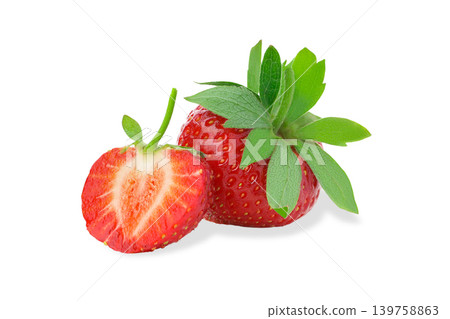 Red strawberry with green leaves and a slice, PNG 139758863