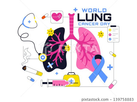 World Lung Cancer Day Vector Illustration Featuring Awareness Ribbon, Respiratory Health, Medical Prevention and Anti Smoking Campaign Design World Lung Cancer Day Vector Illustration Featuring Awareness Ribbon, Respiratory Health, Medical Prevention and Anti Smoking Campaign Design 139758883