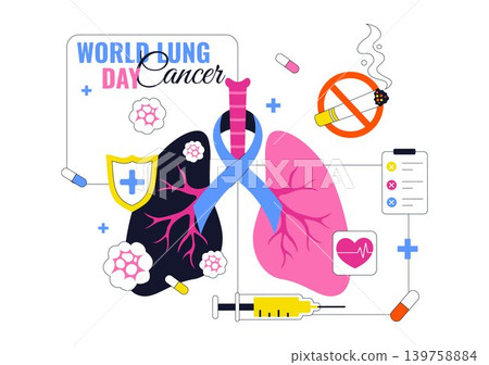 World Lung Cancer Day Vector Illustration Featuring Awareness Ribbon, Respiratory Health, Medical Prevention and Anti Smoking Campaign Design World Lung Cancer Day Vector Illustration Featuring Awareness Ribbon, Respiratory Health, Medical Prevention and Anti Smoking Campaign Design 139758884