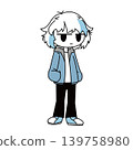 一幅簡單的全身插圖，描繪了一個瞇著眼睛的男孩。 139758980