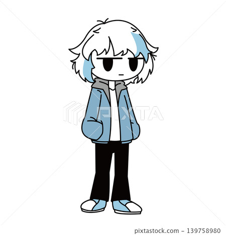 一幅簡單的全身插圖，描繪了一個瞇著眼睛的男孩。 139758980