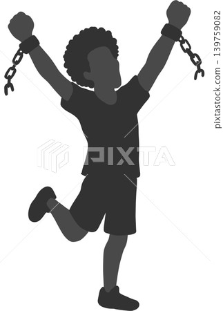 Powerful Juneteenth illustration featuring a silhouette figure breaking chains and celebrating freedom, resilience, and liberation.  139759082