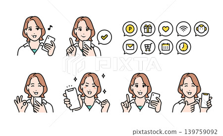 A set of smartphone notification icons featuring a woman in her 40s wearing a shirt. 139759092