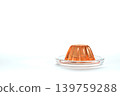 Orange jelly on a transparent plate, viewed from the side, white background, 3D rendering. 139759288