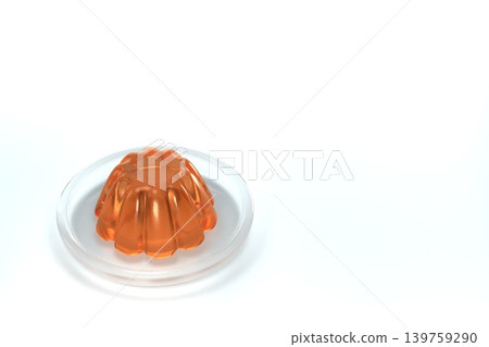 Orange jelly on a transparent plate, viewed from an oblique angle above, against a white background, 3D rendering. Orange jelly on a transparent plate, viewed from an oblique angle above, against a white background, 3D rendering. 139759290