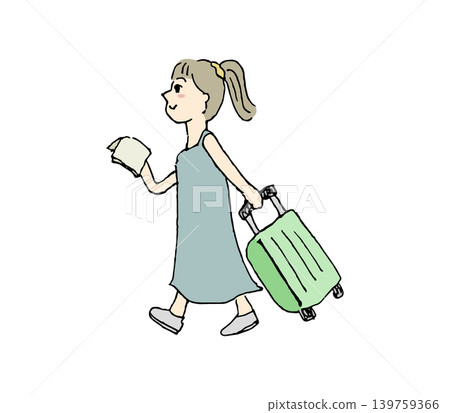 A woman walking with a guidebook and pulling a suitcase; summer, travel. A woman walking with a guidebook and pulling a suitcase; summer, travel. 139759366